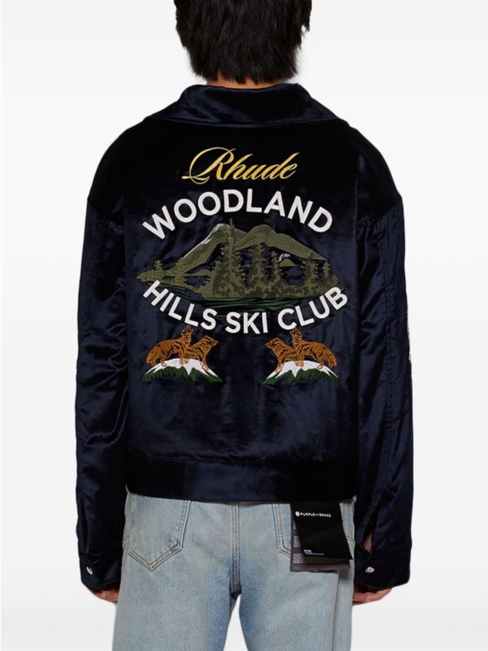 Rhude Navy Velvet Woodland Hills Ski Club Embroidered Bomber Jacket